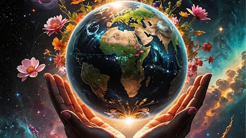 GVL A pair of hands gently cradle a glowing Earth against a cosmic background. Colorful flowers and leaves emerge from the globe, blending with starry space. Bright lights and swirls add to the magical, harmonious atmosphere.