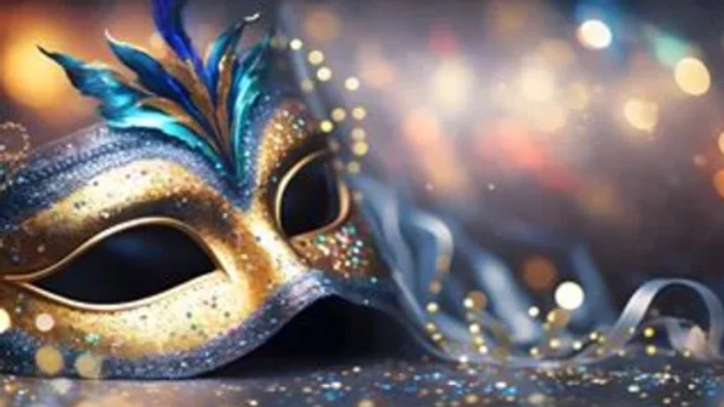 GVL A glittering, ornate masquerade mask with blue and gold feathers is set against a blurred, sparkling background with bokeh lights, creating a festive and mysterious atmosphere.