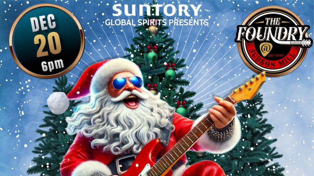 GVL A poster featuring a Santa Claus character playing an electric guitar in front of a Christmas tree. Snowflakes are falling, with text stating Suntory Global Spirits Presents and event details: The Foundry at Judson Mill, Dec 20, 6pm.