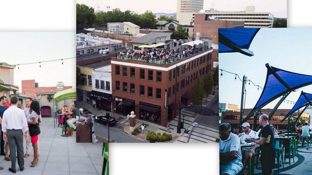 GVL A rooftop bar scene, showing people seated and standing, enjoying drinks under blue triangular sunshades. Adjacent is an aerial view of the building, with more patrons on the rooftop. Cityscape and trees are visible in the background.