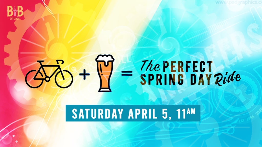 GVL Colorful graphic with a bicycle and beer glass icon, captioned The Perfect Spring Day Ride. Text below reads Saturday April 5, 11AM, set against a vibrant background of gears and gradients.