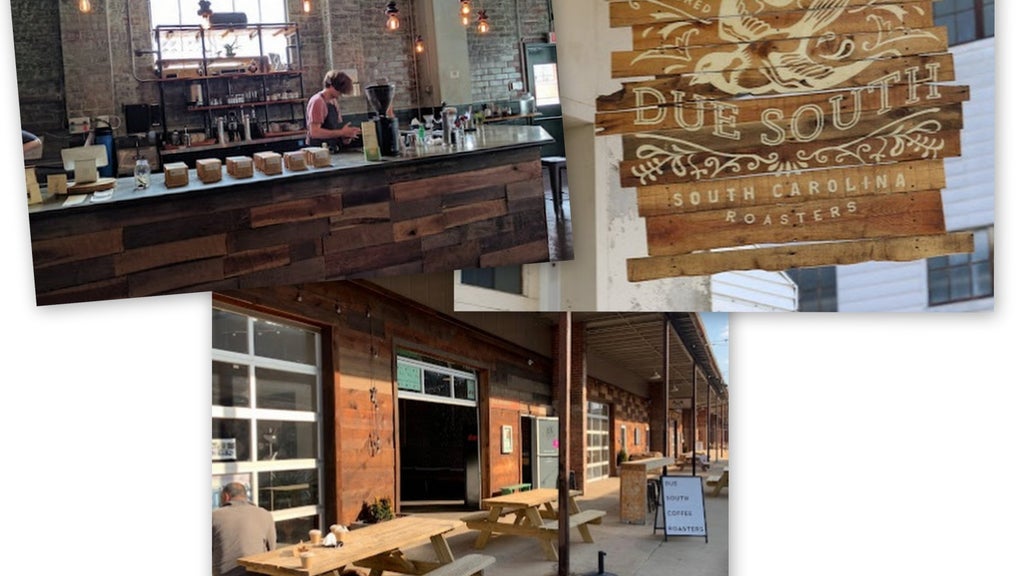 GVL A collage of three images: a rustic coffee shop interior with wooden decor, a wooden sign reading Due South, South Carolina Roasters, and an outdoor seating area with picnic tables and a person sitting alone.
