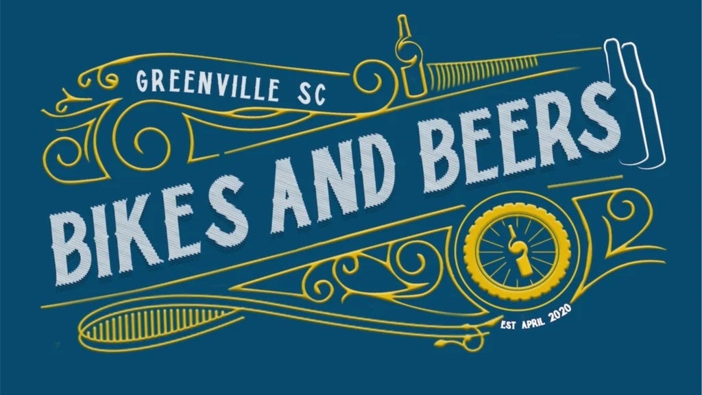 GVL Artistic graphic with the text Greenville SC Bikes and Beers in bold letters, featuring a bike tire, beer bottle, and decorative yellow lines on a blue background. It also says Est April 2020.