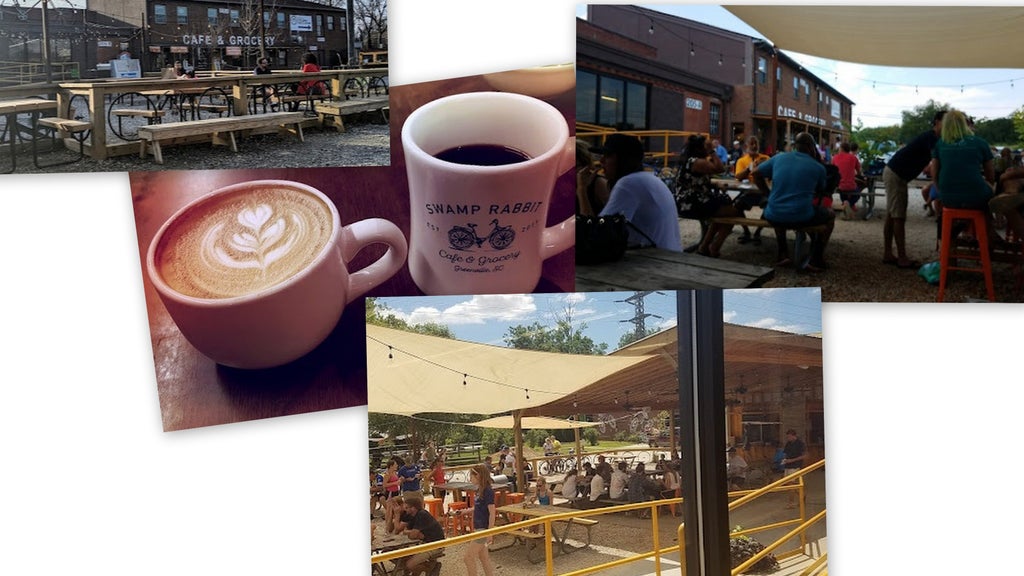 GVL A collage of images shows outdoor seating at a cafe, people dining under shade sails, a cup of coffee with latte art, and a mug labeled Swamp Rabbit Cafe & Grocery.
