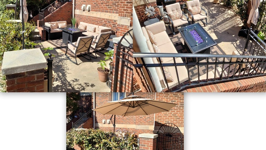 GVL Three views of a brick patio with cushioned outdoor seating, a fire pit table, potted plants, and a large beige umbrella, surrounded by black metal railings and greenery.