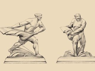 GVL Two drawings of dynamic statues, inspired by change, depict a muscular figure in motion holding a large cloth, shown from the side and front atop rectangular bases—an impressive vision by an international sculptor.