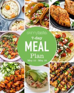 GVL A collage of colorful dishes—baked eggs, tacos, seasoned chicken, veggie bowls, flatbread, salads, and skewers—with “skinnytaste: Free Healthy Meal Plan May 12 - May 18” in white and green text at the center.