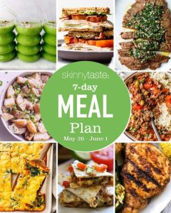 GVL A collage of healthy dishes surrounds a green circle labeled “skinnytaste: 7 Day Meal Plan May 26 - June 1,” featuring smoothies, sandwiches, grilled meats, salads, casseroles, and rice dishes in this free meal plan.