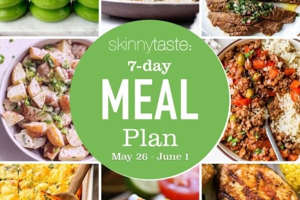 GVL A collage of healthy dishes surrounds a green circle labeled “skinnytaste: 7 Day Meal Plan May 26 - June 1,” featuring smoothies, sandwiches, grilled meats, salads, casseroles, and rice dishes in this free meal plan.