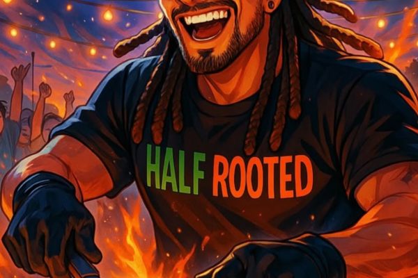 GVL A smiling man with glasses, dreadlocks, and a backwards cap grills burgers over a fiery grill. He wears gloves and a HALF ROOTED shirt. A colorful banner and cheering crowd are in the background.