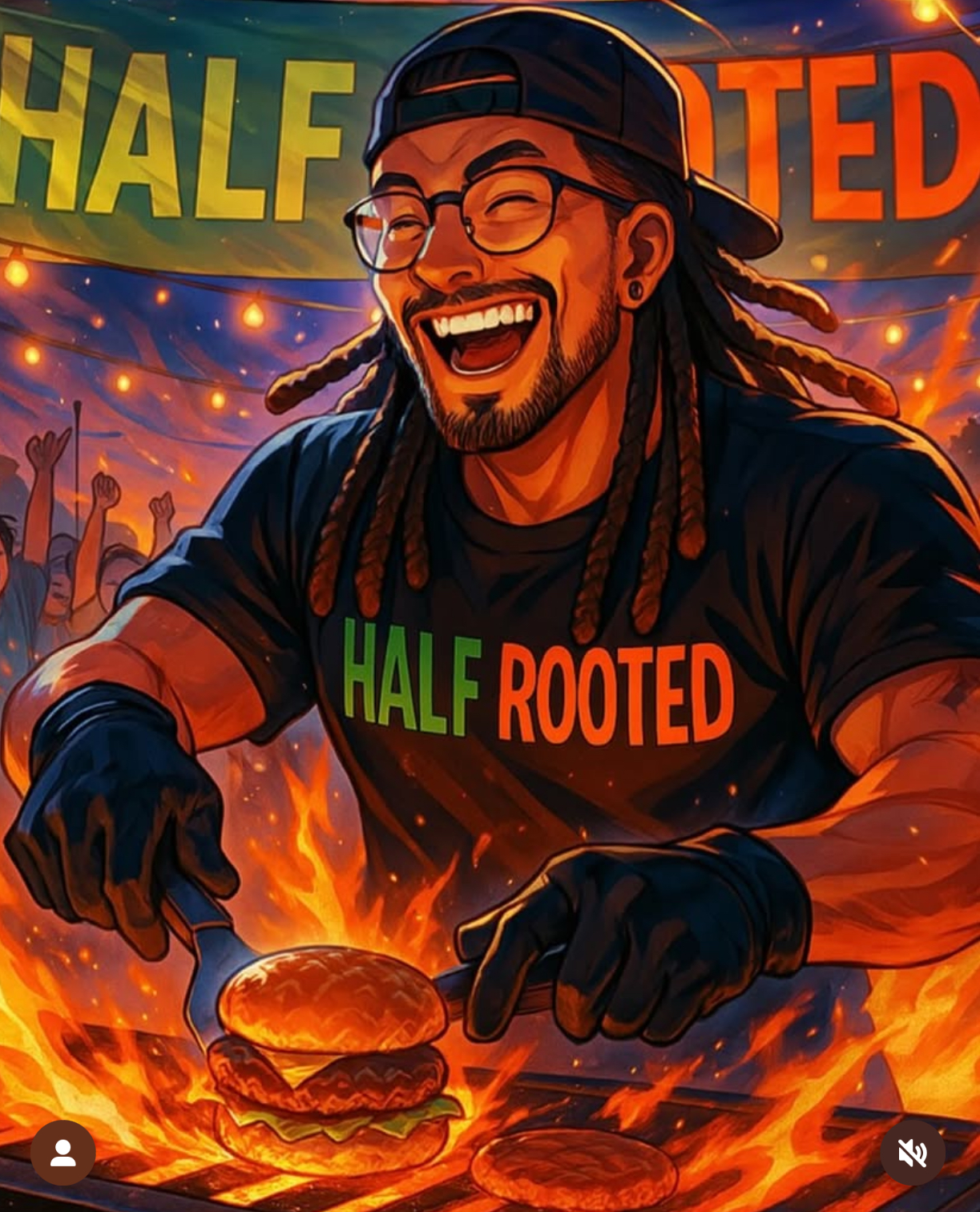 GVL A smiling man with glasses, dreadlocks, and a backwards cap grills burgers over a fiery grill. He wears gloves and a HALF ROOTED shirt. A colorful banner and cheering crowd are in the background.