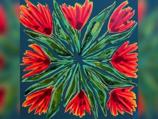 GVL A vibrant painting of eight red-orange flowers with green leaves arranged in a circular pattern on a dark blue background, featured in the Land That Shapes Us exhibition at Spoonbill Gallery, creates a symmetrical, dynamic design.