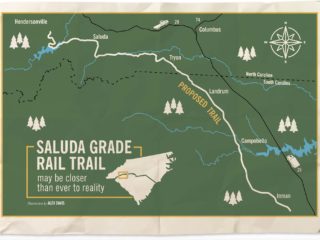 GVL A map displays the proposed Saluda Grade Rail Trail route from Inman, SC to Saluda, NC, highlighting the $28.5M property purchase and showing the trail passing through forests and towns on a green background.
