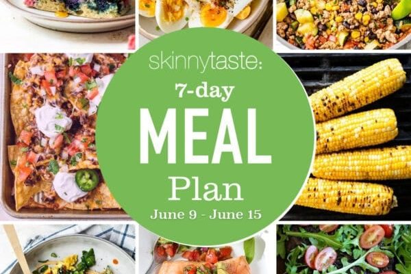 GVL A collage of colorful dishes, from cornbread to sliced steak, surrounds a green circle labeled “7-day meal plan, June 9 - June 15, skinnytaste,” highlighting a delicious and Healthy Meal Plan for the week.
