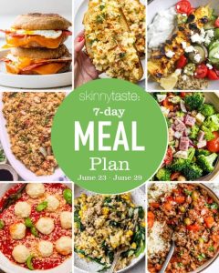 GVL A collage of colorful dishes surrounds a green circle reading skinnytaste: 7-Day Meal Plan, June 23–June 29. The vibrant spread highlights this Healthy Meal Plan with sandwiches, salads, pasta, grilled chicken, eggs, and rice bowls.