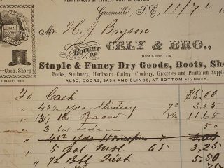 GVL A close-up of an old, handwritten receipt from a dry goods store, listing various items and prices with some entries crossed out—offering a glimpse into Greenville history through decorative printing and elegant cursive handwriting.