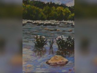 GVL A painting of a calm river with rocks and small plants in the shallow water, featured in the Taking a Hike exhibition at Simpsonville Arts Center, with dense green trees along the opposite riverbank under a partly cloudy sky.